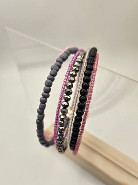 Pink & Black Beaded Stack Bracelet Set